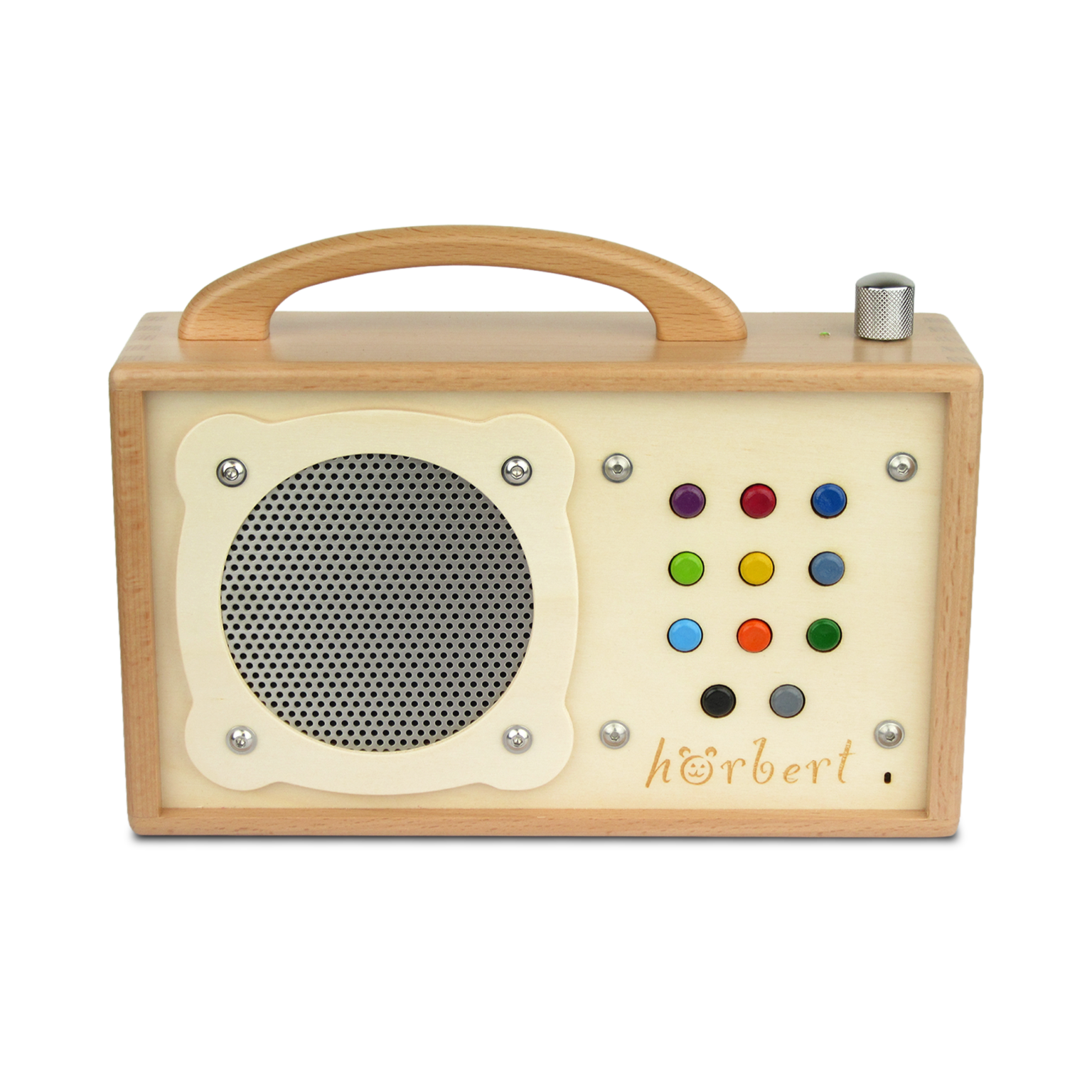 hörbert from diagonally above. You can see 11 buttons on the front and the opening for the built-in microphone, and the operating indicator LED on the top