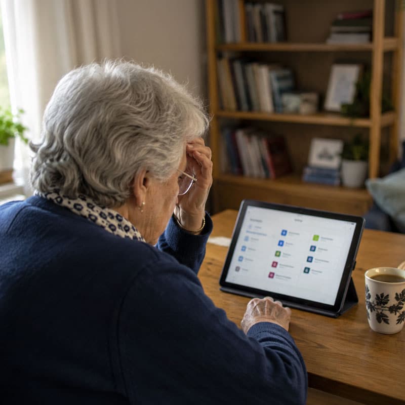 Femme âgée assise à une table, semblant hésitante en utilisant une tablette